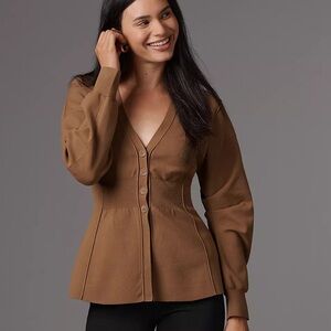 Anthropologie Maeve Puff-Sleeve Waisted Cardigan Small New Toasted Almond